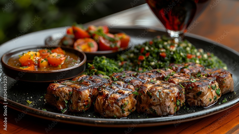 Wall mural Grilled Meat Dinner Plate With Cherry Tomatoes and Greens