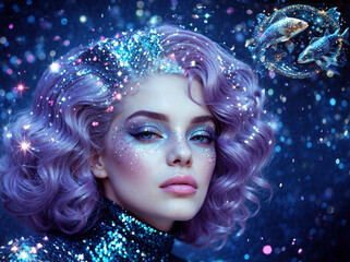 mystical mysterious woman with glittering purple hair and with zodiac sign of Pisces, photorealistic illustration of astrology and woman concept