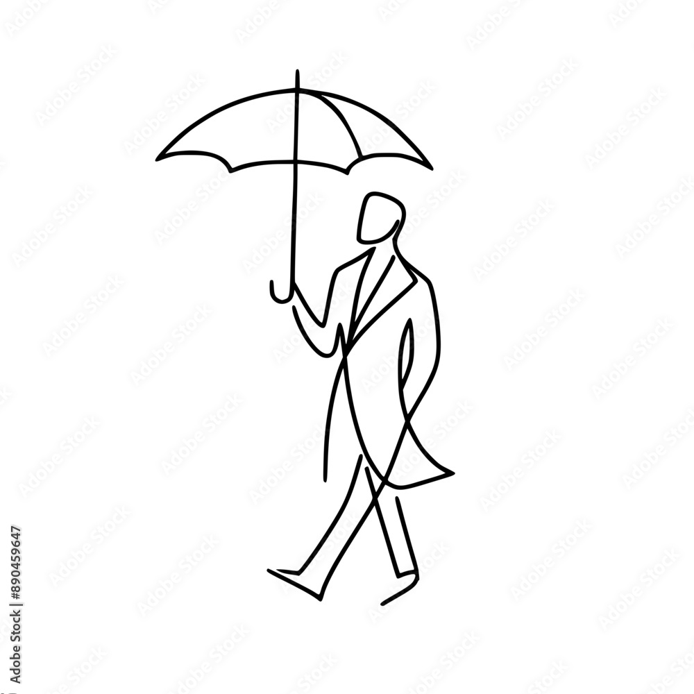 Poster minimalistic vector drawing of a gentleman in a coat with an umbrella,the art of simplicity and styl