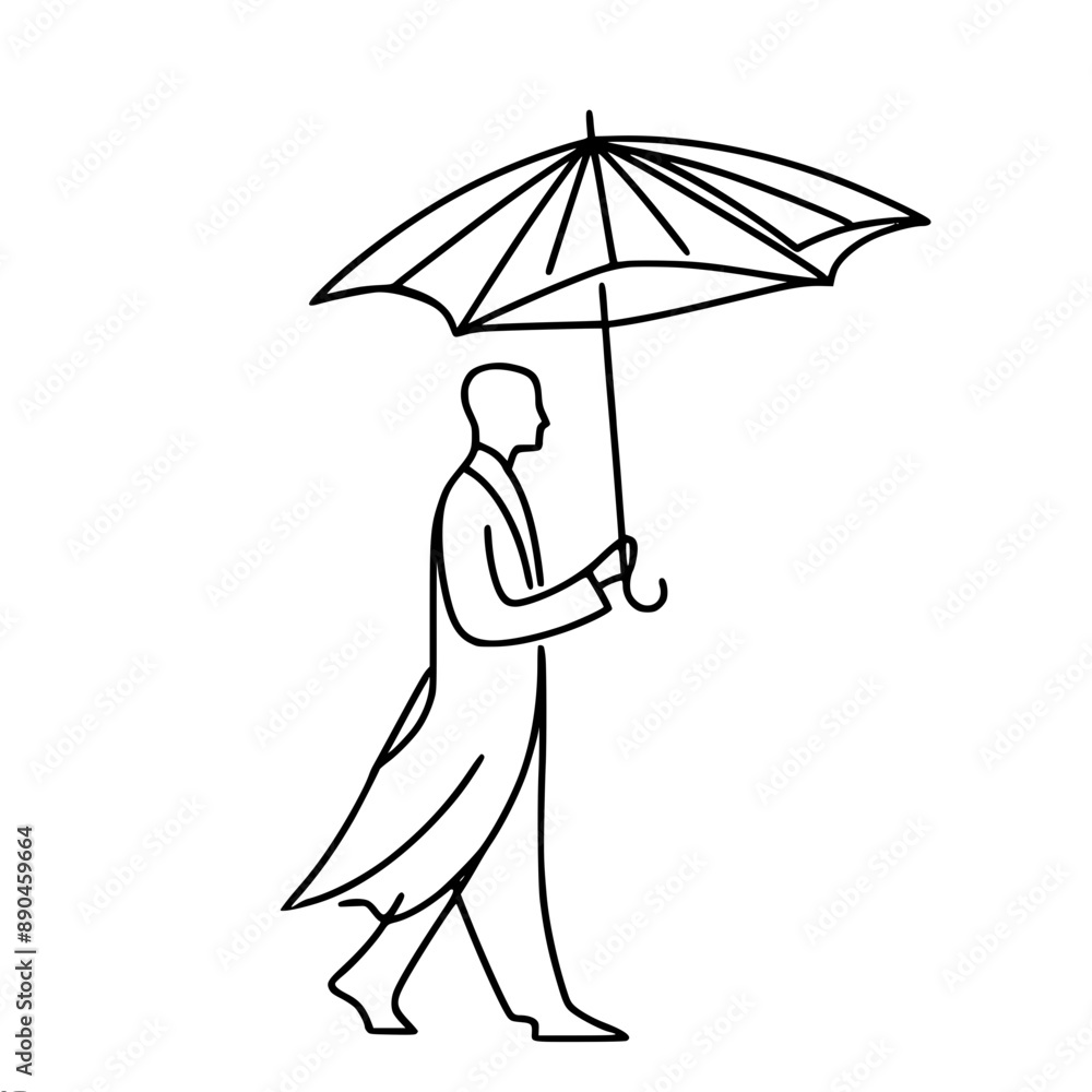 Poster minimalistic vector drawing of a walking man in a raincoat with an umbrella. the art of simplicity a