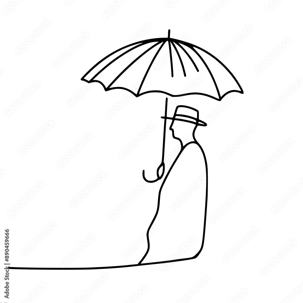 Poster minimalistic vector sketch of a man in a raincoat with an umbrella. the art of simplicity and style 