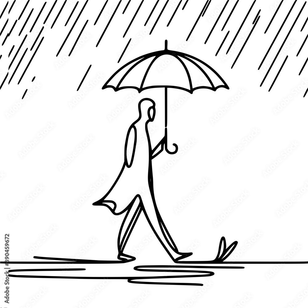 Poster minimalistic single line vector line drawing of a man walking under an umbrella in heavy rain. the a