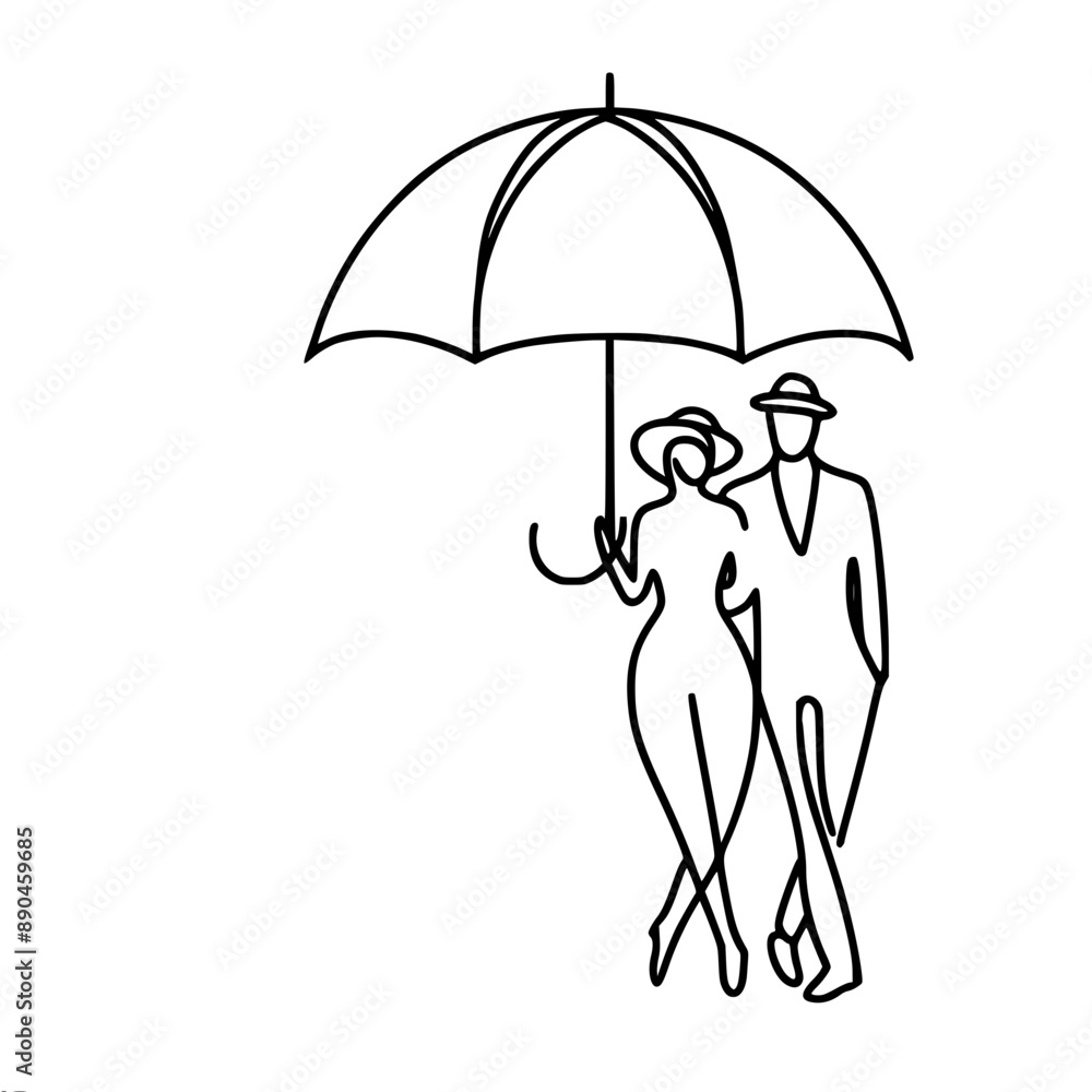 Poster minimalistic single line vector line drawing of two figures under an umbrella exuding elegance and s