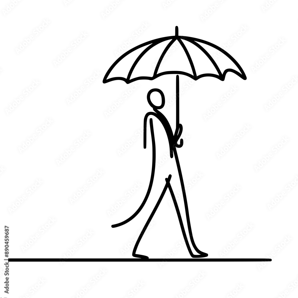 Poster minimalistic vector sketch silhouette of a small man with an umbrella. the art of simplicity and sty