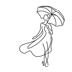 Minimalistic vector one-line drawing of a lady in a flowing dress holding an umbrella. The art of simplicity and elegance in monochrome