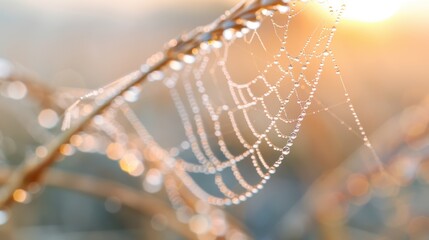 A spider web covered in dewdrops glistens beautifully in the golden light of the morning, capturing the delicate and intricate beauty of nature&rsquo;s artistry in its purest form.
