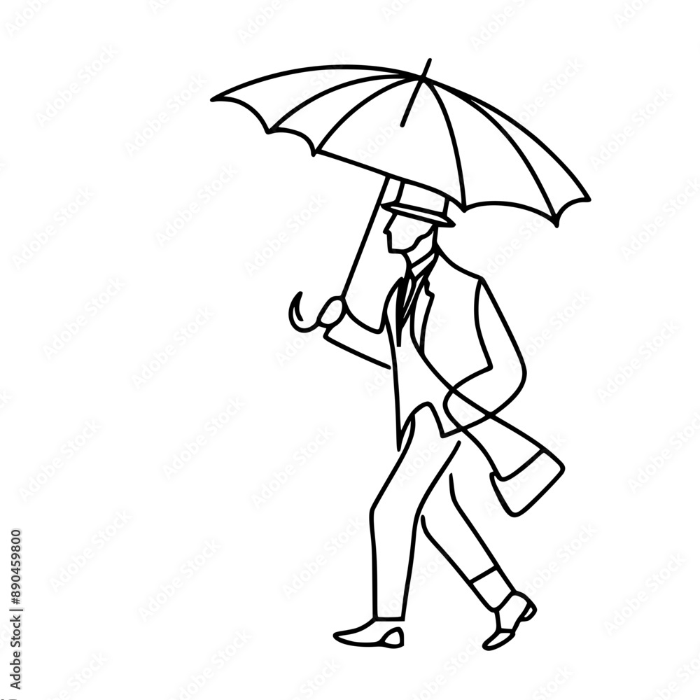 Poster minimalistic vector drawing of a running man in a suit with an umbrella. the art of simplicity and s