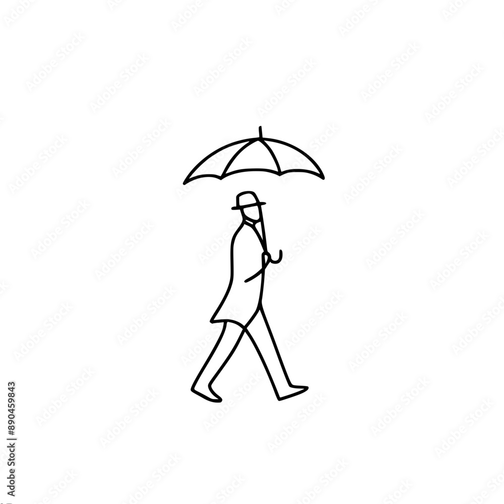 Poster minimalistic vector simple sketch of a small man in a suit and hat with an umbrella. the art of simp