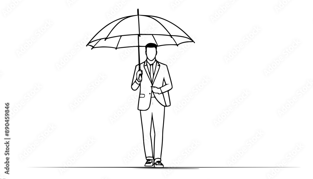 Poster minimalistic vector drawing of a standing business man in a suit with an umbrella.