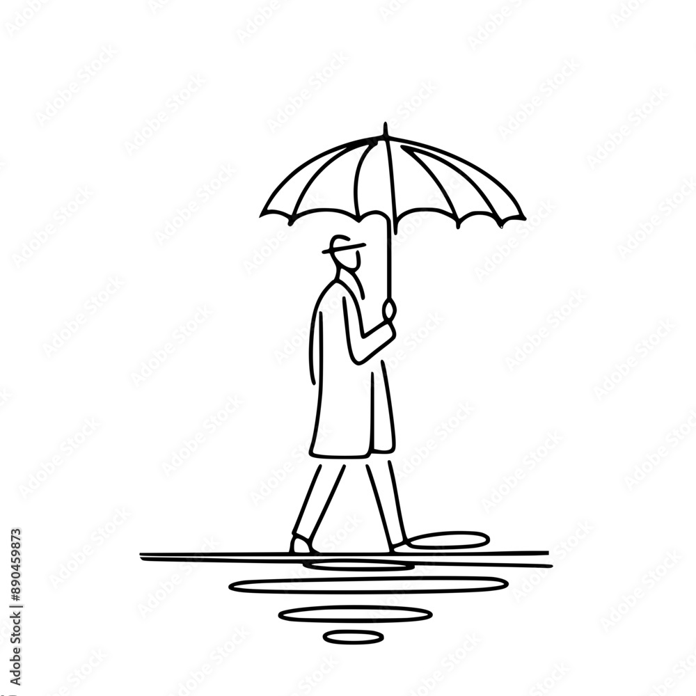Poster minimalistic vector drawing of a man splashing through puddles with an umbrella in the rain