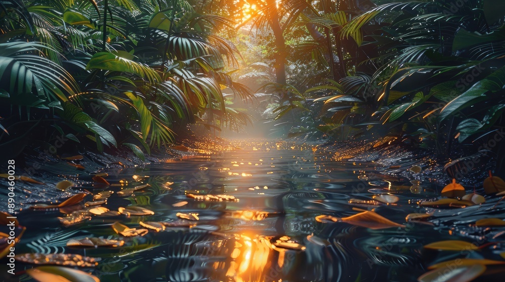Poster a early morning jungle with wet leaves, illuminated by the reflection of sunrise. generative ai.