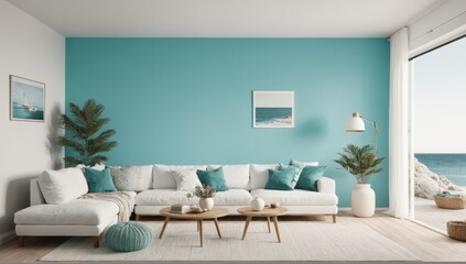 Modern living room interior with sofa and pastel walls