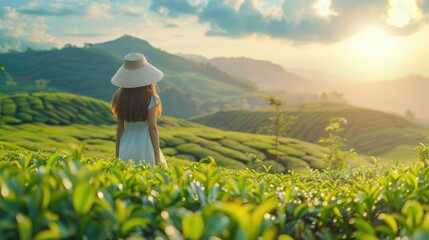 Fototapeta premium A happy relaxing Asian farmer at green fresh tea field garden after work at agriculture organic tea farm.