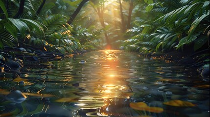 Fototapeta premium A early morning jungle with wet leaves, illuminated by the reflection of sunrise. Generative AI.