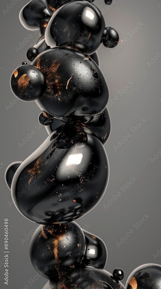 Poster mesmerizing metallic blobs in vintage black and charcoal grey, each with a subtle golden sheen, merg