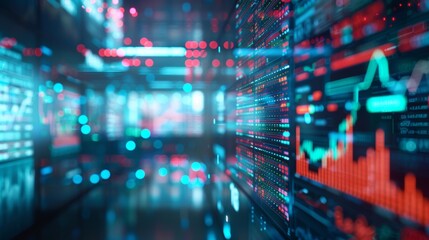 Abstract Stock Market Data Visualization with Red and Blue Bokeh Lights