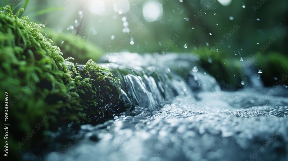 Poster a close-up view of a peaceful stream flowing over moss-covered rocks with sunlight shining through, 