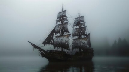 Fototapeta premium A ghost ship sailing through foggy waters, with tattered sails and ghostly crew