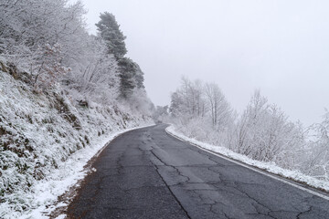 Snowy mountain road in Ligurian Alps, Italy