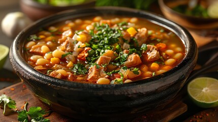 Craft a detailed digital illustration showcasing a tantalizing eye-level perspective of Pozole soup