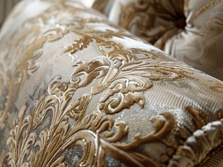 Close-up of a Luxurious Gold and Beige Embroidered Fabric with Intricate Floral Patterns