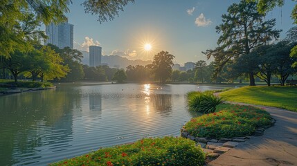 Obraz premium Sunrise Reflection in City Park