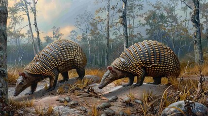 Obraz premium Two armadillos walk through a forest floor at dusk. The animals are seen foraging for food amongst the fallen leaves and grass