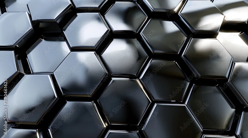 Poster metallic silver and black 3d tessellations with interlocking hexagonal shapes, forming a sleek and i