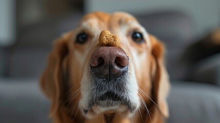 A golden retriever dog looks directly at the camera with a dog treat balanced on its nose