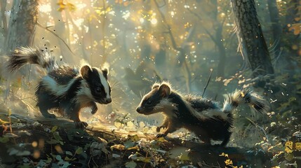 Two striped skunks are interacting in a sunlit forest, surrounded by fallen leaves