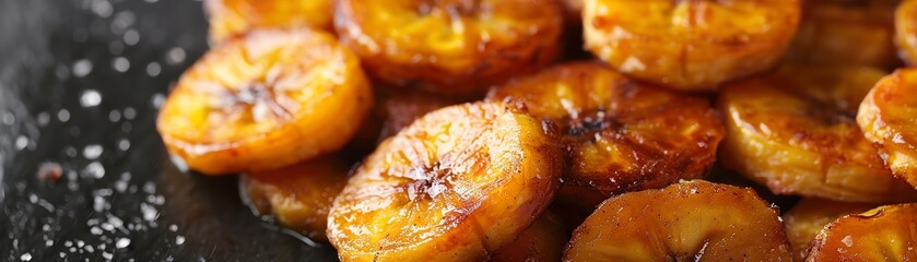 Showcase a frontal view of plantains, fried to a golden brown, with a crispy texture and caramelized edges