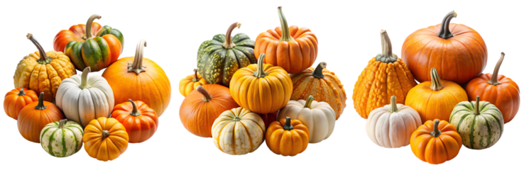 Pumpkin harvest png. Various assorted pumpkins in pile. Autumn ripe pumpkins for Fall, Thanksgiving or Halloween decoration