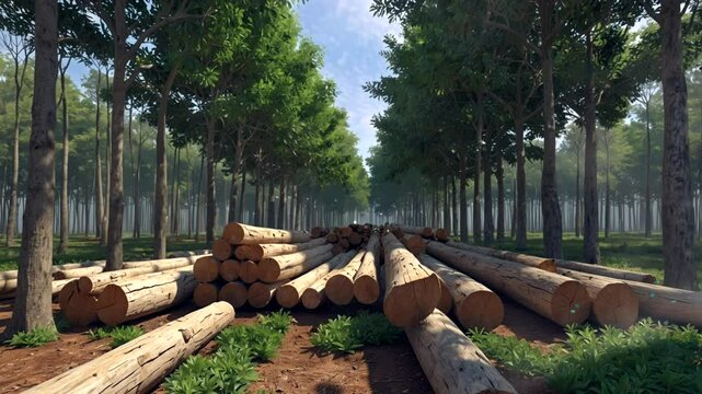 Pile of cut pine trees in polish forest