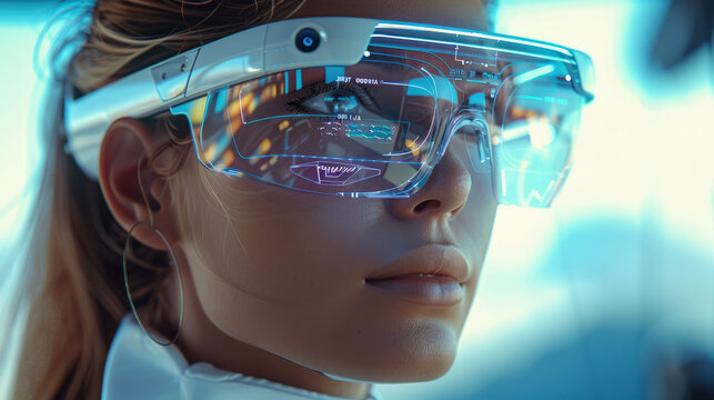 Woman wearing a heads up display, futuristic smart glasses, and a head mounted display. Generative AI.