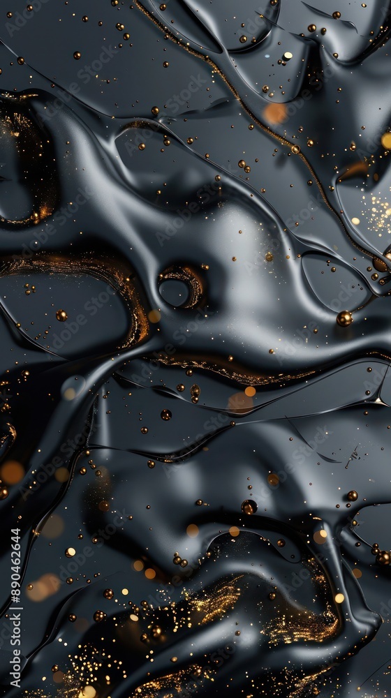 Poster sleek metallic blobs in vintage black and charcoal grey, interlaced with luminous gold accents, form