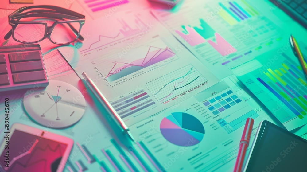 Poster a creative layout with various graphs and charts on a desk, illustrating data visualization and anal
