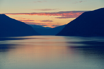 Summer night of the Årdalsfjorden Fjord in Western Norway.