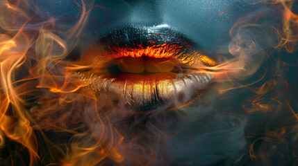 woman's lips with gold metallic lipstick blowing orange smoke, background with smoke and empty space
