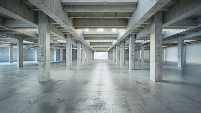 Empty Concrete Warehouse Interior with Beams and Pillars