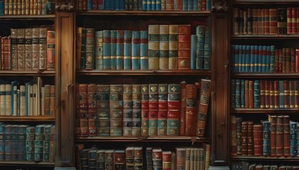The background is large wooden bookshelves full of books on wall in the library. Knowledge archives