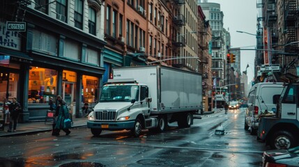 Naklejka premium A delivery truck parked on a busy street, unloading goods during daytime