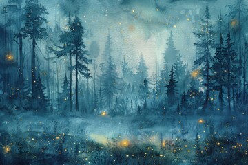 Watercolor illustration of a dreamy forest with a misty ambiance and glowing fireflies