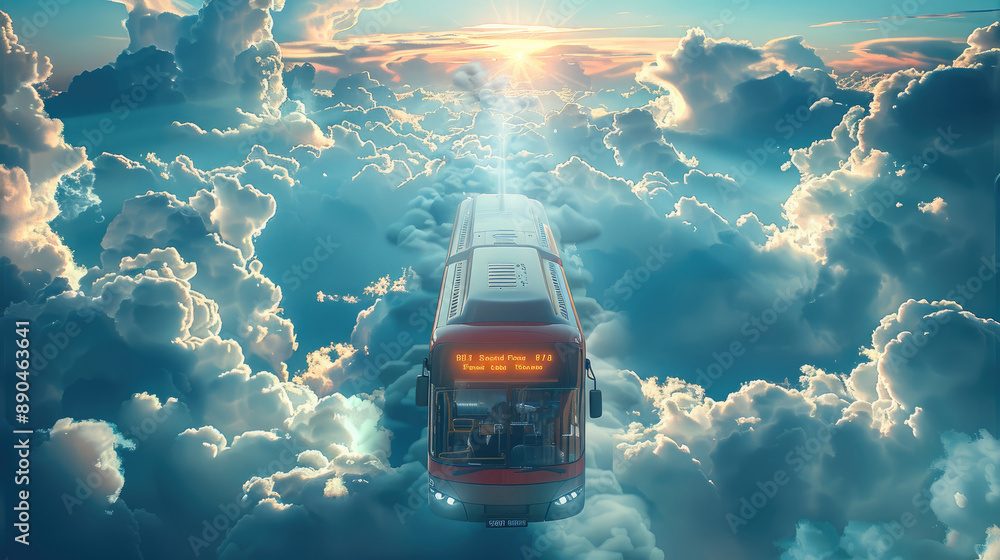 Poster an epic scene of a public transport bus flying towards space in front of a blue sky. generative ai.