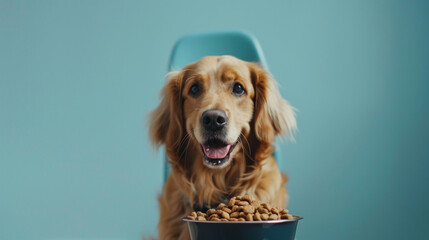 Delighted Dog Enjoying a Hearty Meal. Smiling happy dog standing in front of bowl with dog food on plain background