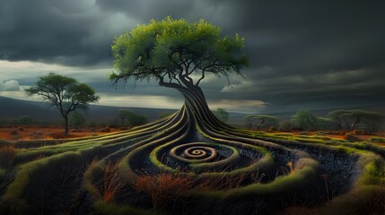 Twisted Swirling Savannah Tree in Cinematic Futuristic Landscape