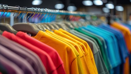 Fototapeta premium Colorful T-Shirts Hanging on Wooden Hangers in a Retail Store