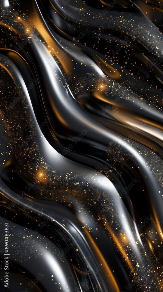 Poster smooth, flowing metallic blobs in vintage black and deep charcoal, accented with radiant gold, formi