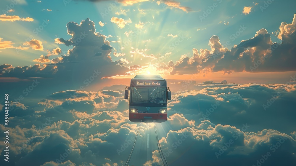 Poster an epic scene of a public transport bus flying towards space in front of a blue sky. generative ai.