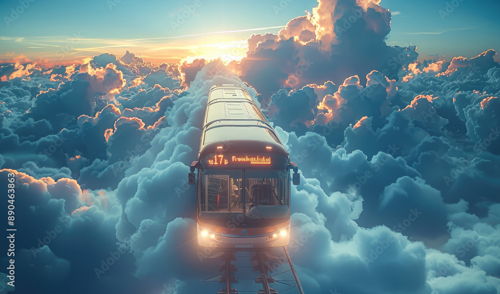 Poster an epic scene of a public transport bus flying towards space in front of a blue sky. generative ai.