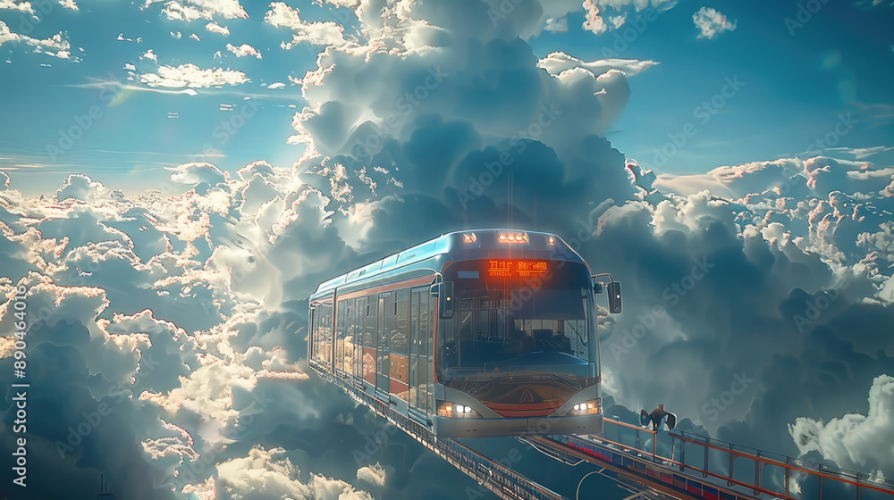 Poster an epic scene of a public transport bus flying towards space in front of a blue sky. generative ai.
